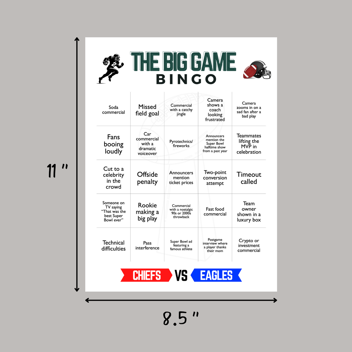 2025 Football Bingo Super Bowl Sunday Big Game Family Watch Party Tailgate Printable Activity LIX 59 Adults & Kids Kansas City Philadelphia