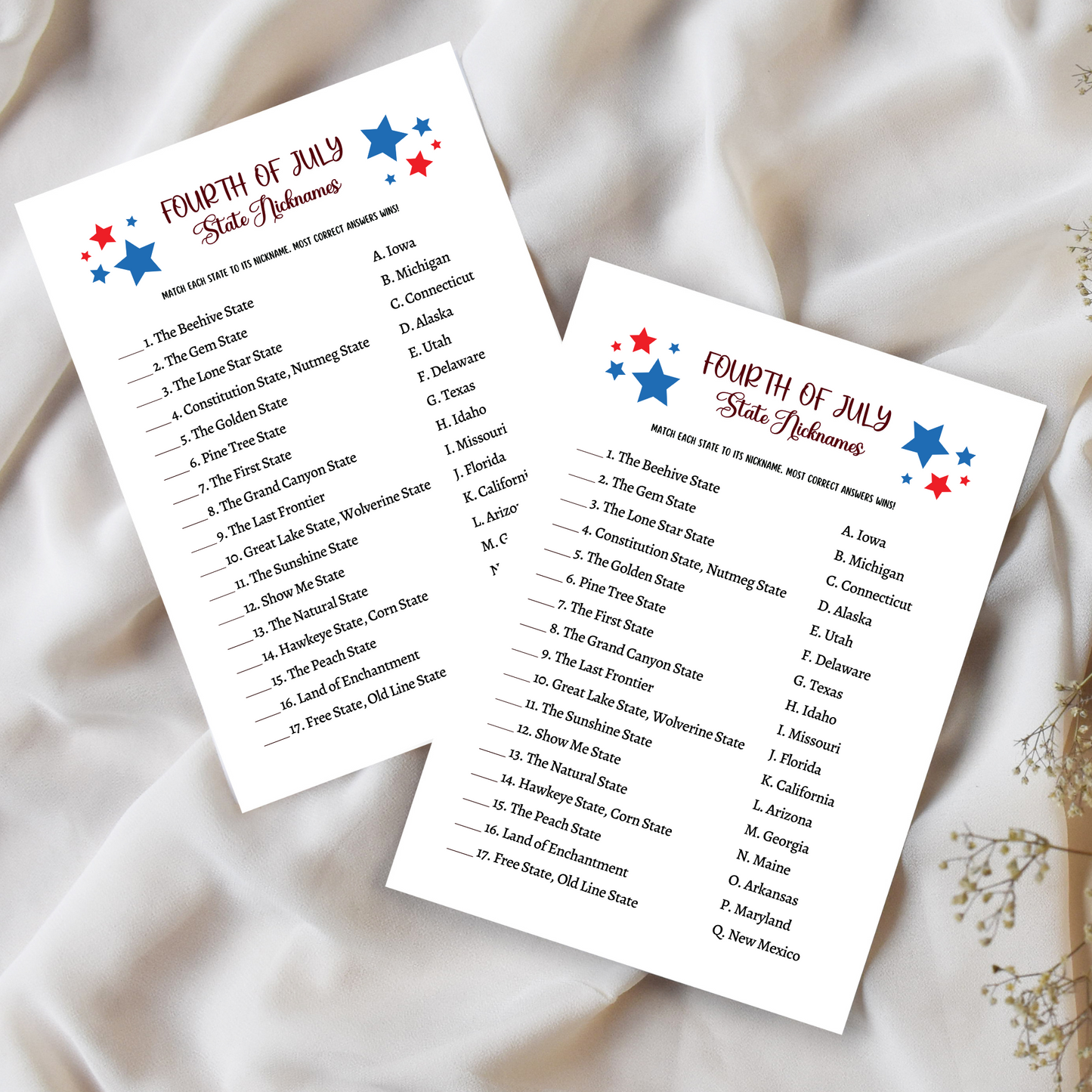 July 4th State Nicknames Game Printable, Family Trivia Activity Adults & Kids