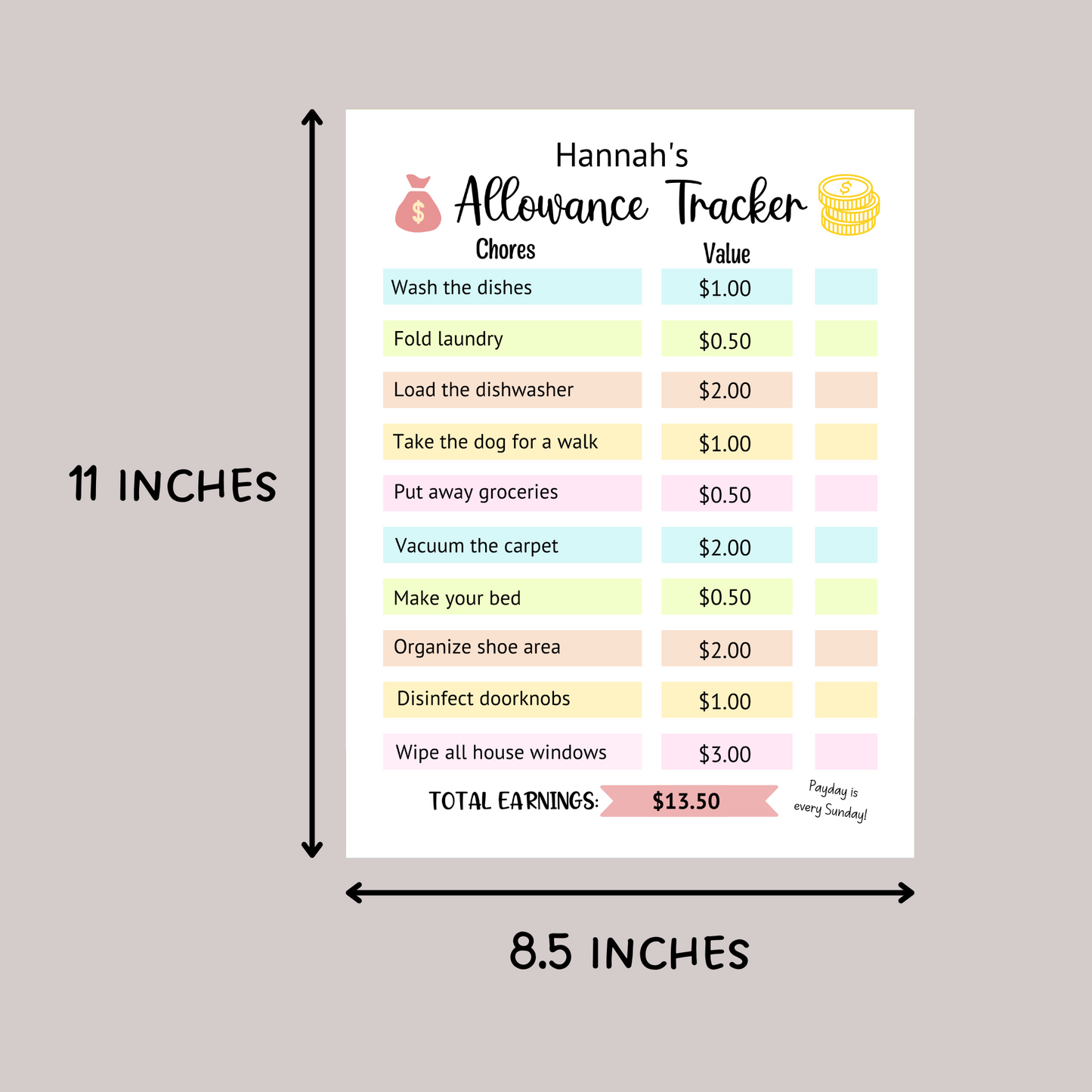 Editable Allowance Chart For Kids, Printable Chore Chart