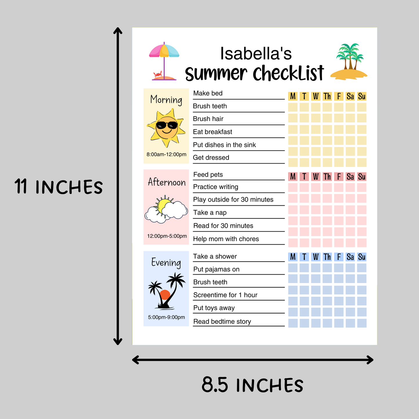 Kids Summer Daily Checklist Schedule Printable, Editable Chore Chart