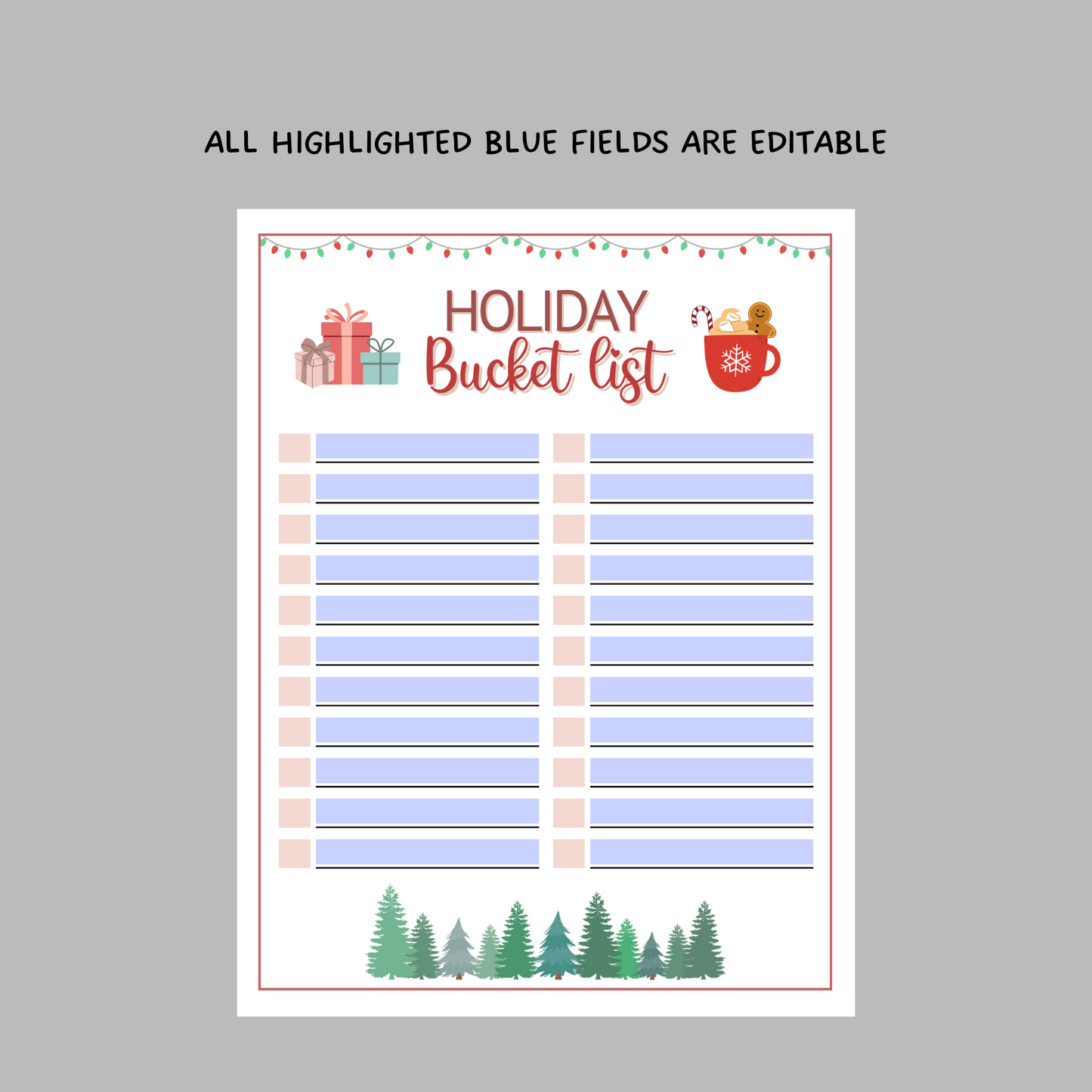 Holiday Bucket List Printable, Editable Christmas Activity Checklist