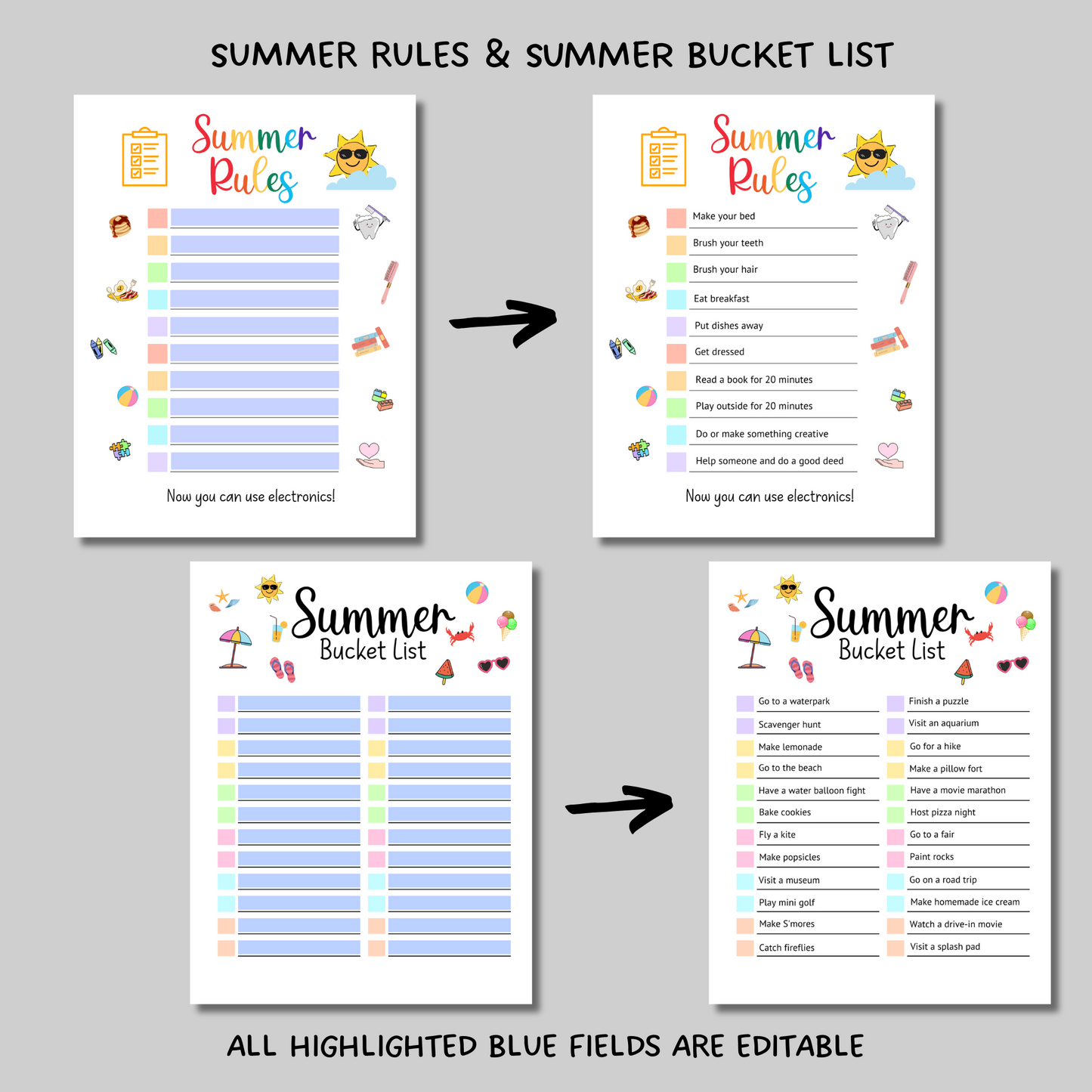 Editable Summer Planner Bundle, Printable Chore Charts & Checklists For Kids