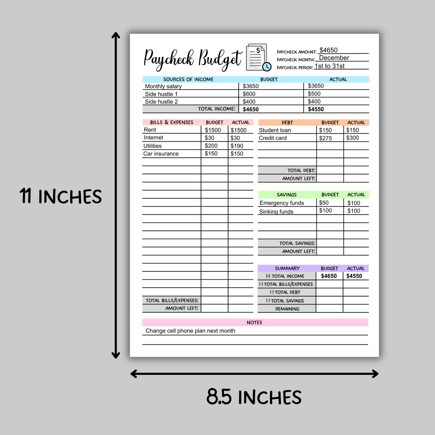 Paycheck Budget Overview Planner Printable, Minimalist Biweekly Budget Tracker Template