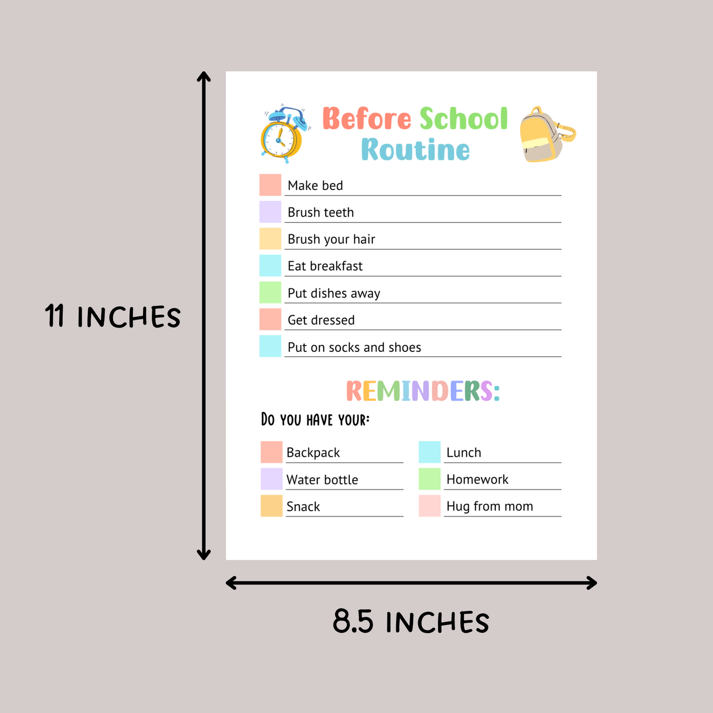 Printable Before School Checklist, Editable Morning Reminders for Kids