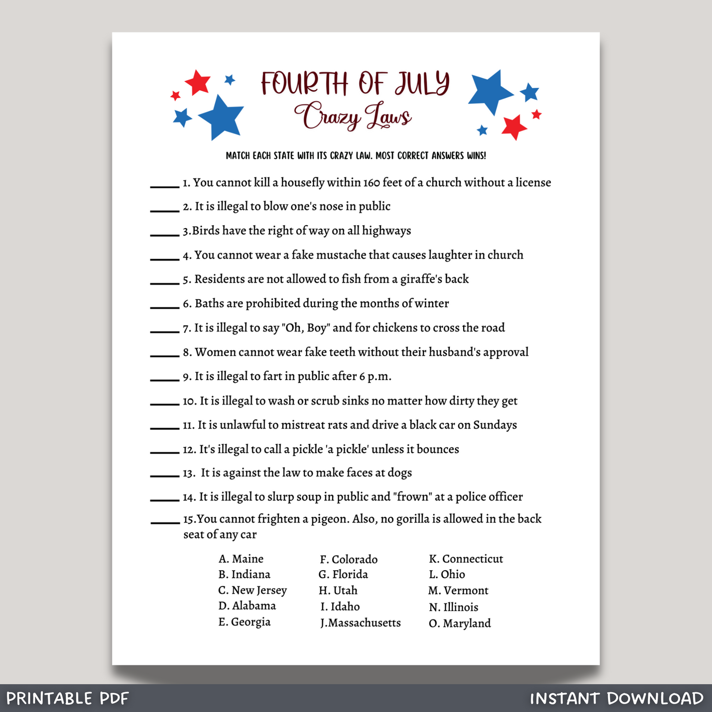 4th of July Crazy Laws Game Printable, Family Trivia Activity Adults & Kids