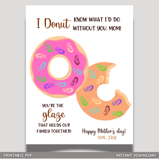 Donut Mothers Day Handprint Fingerprint Craft for Kids Printable, Mom Birthday Card Art