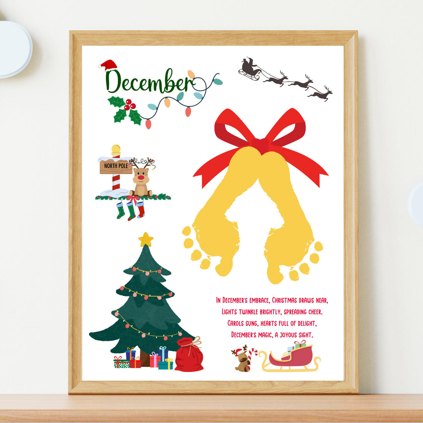 December Handprint Footprint Crafts Printable, DIY Art Kids Preschool Activity Christmas Monthly Keepsake for Baby Toddler PreK Kindergarten