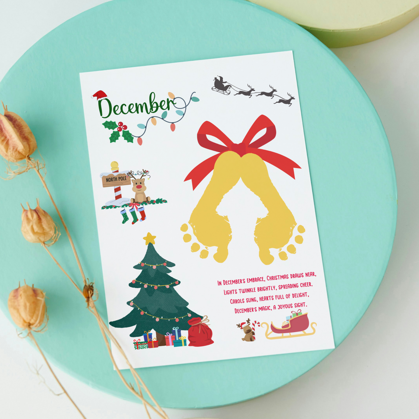 December Handprint Footprint Crafts Printable, DIY Art Kids Preschool Activity Christmas Monthly Keepsake for Baby Toddler PreK Kindergarten