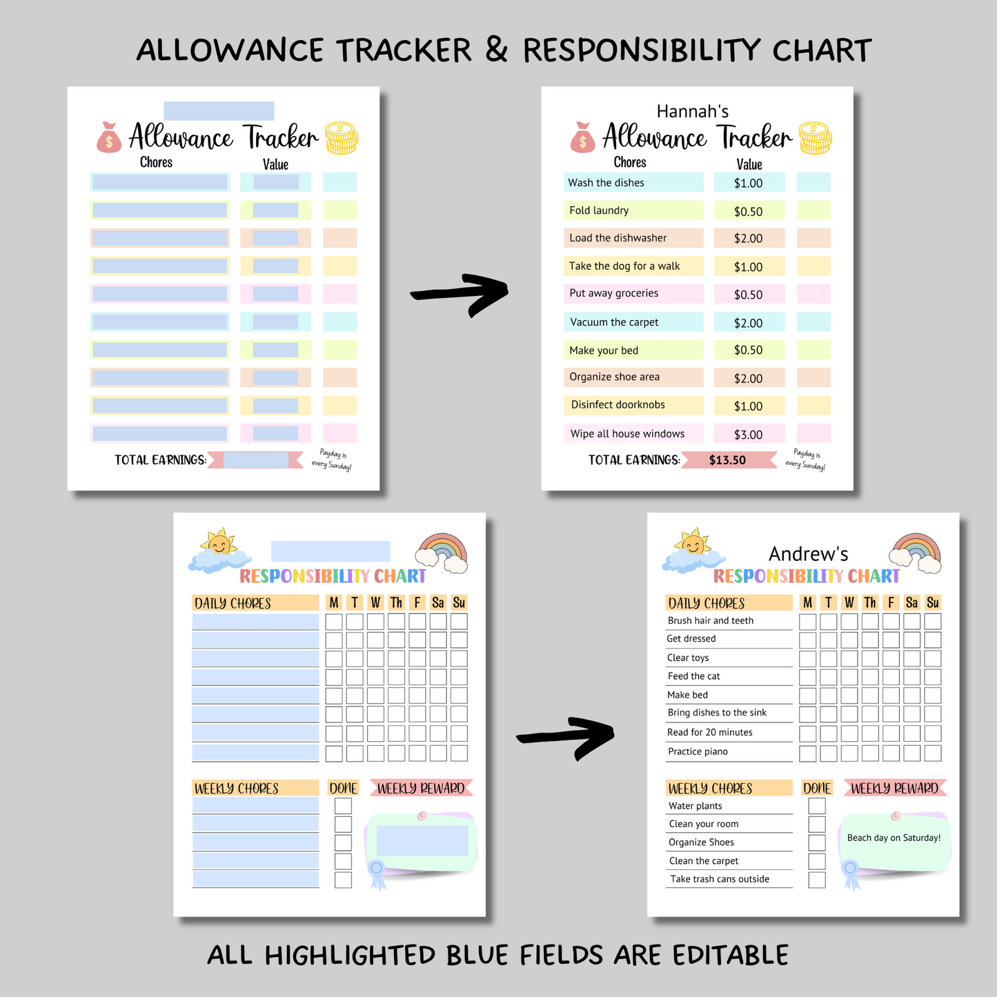 Editable Summer Planner Bundle, Printable Chore Charts & Checklists For Kids