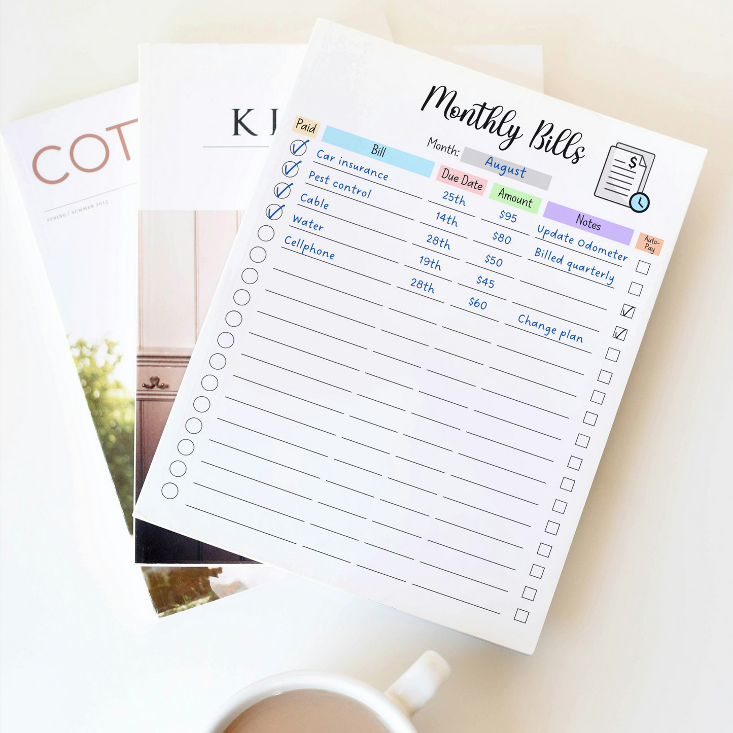 Editable Monthly Bill Tracker, Monthly Bill Log, Payment Checklist Organizer