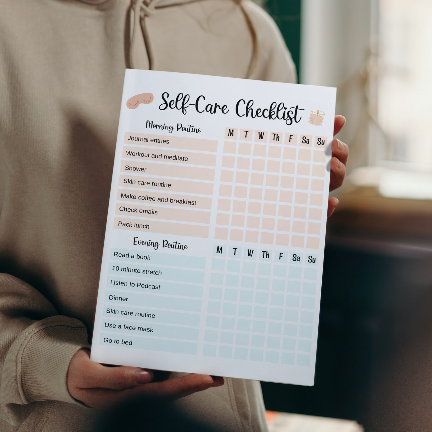Self Care Checklist Printable Digital Planner, Daily Wellness Planner