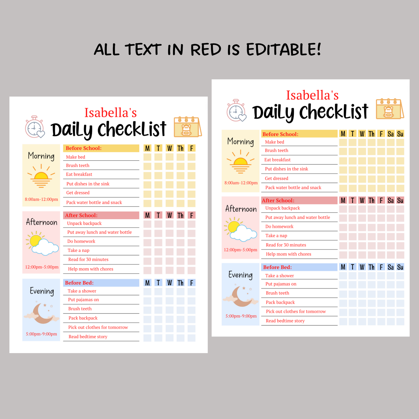 Kids Daily School Checklist Schedule Printable, Editable Chore Chart