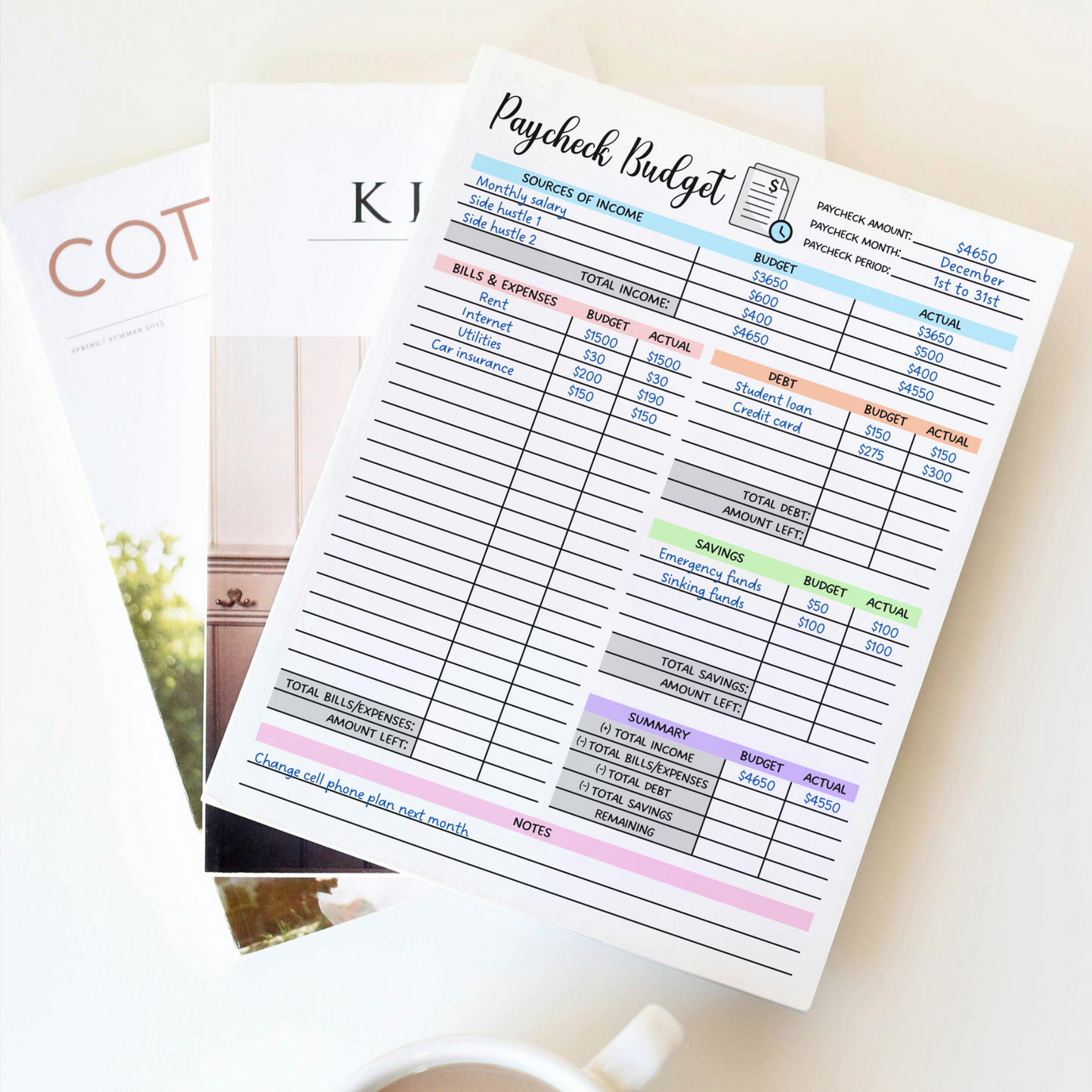 Paycheck Budget Overview Planner Printable, Minimalist Biweekly Budget Tracker Template