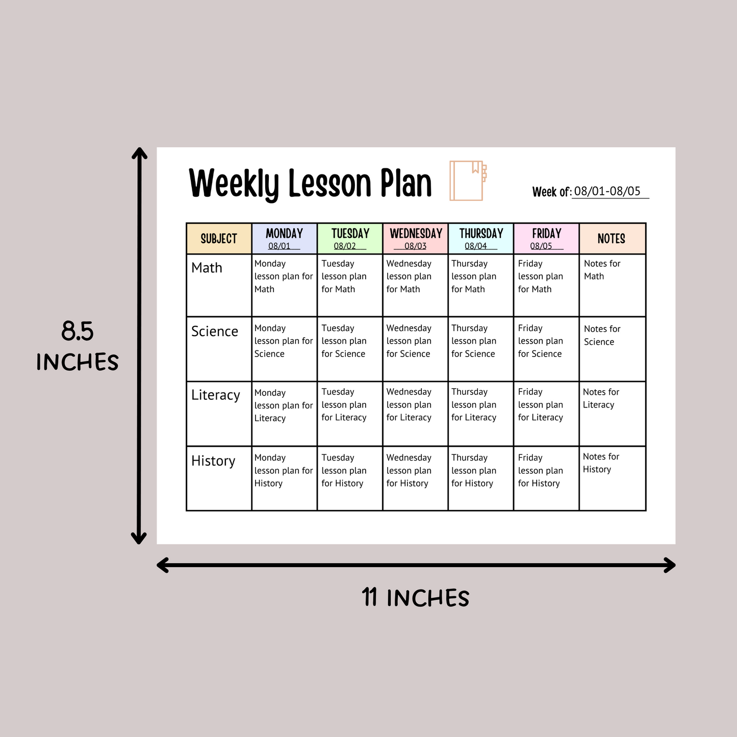 Weekly Lesson Plan Printable, Editable School Planner Schedule