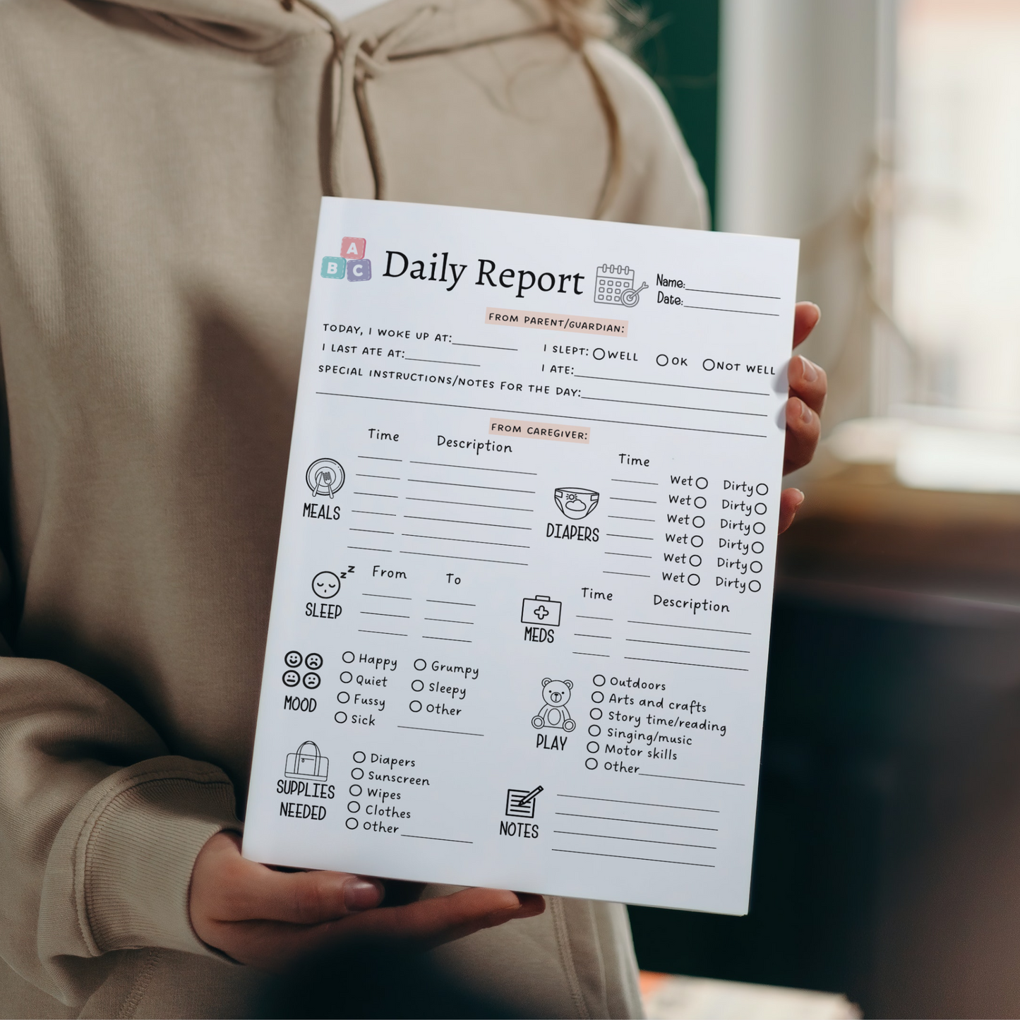 Daily Toddler Log Printable, Infant Baby Schedule for Preschool/ Babysitter