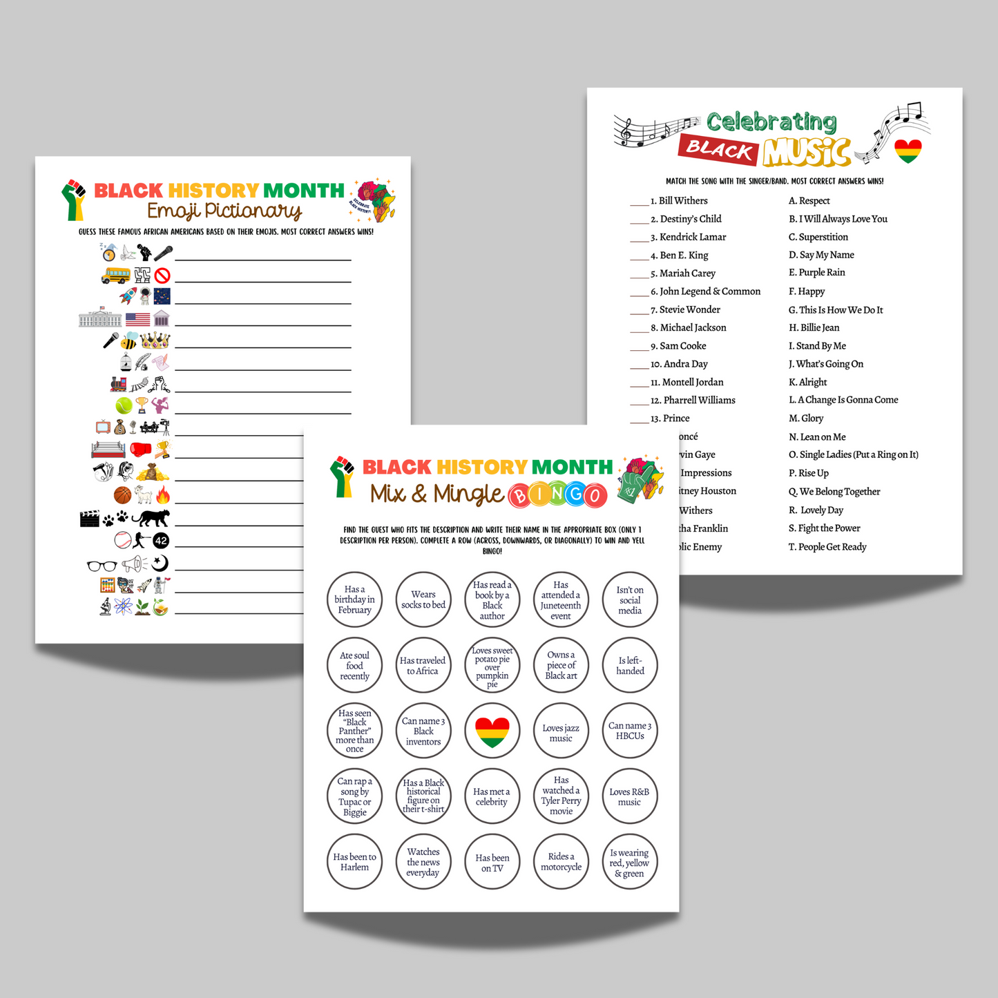 Black History Month Games Printable, African American Historical Celebration Trivia Quiz Party Activity