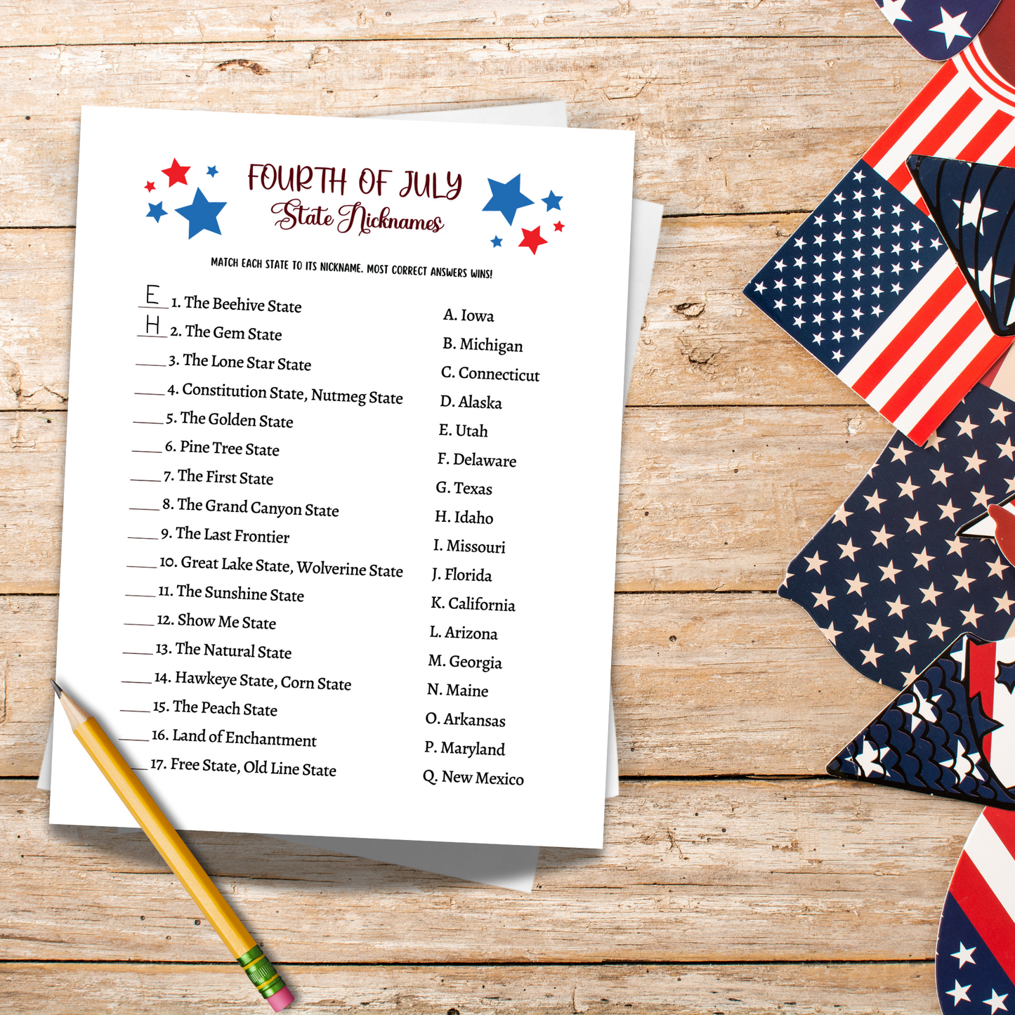 July 4th State Nicknames Game Printable, Family Trivia Activity Adults & Kids