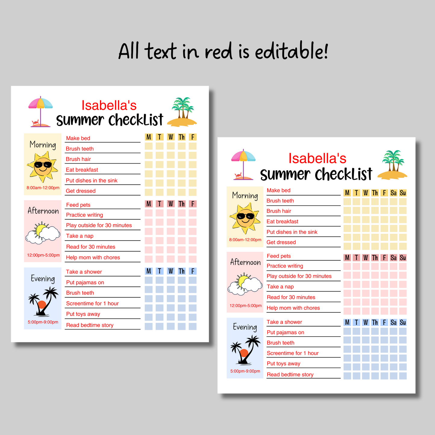 Kids Summer Daily Checklist Schedule Printable, Editable Chore Chart