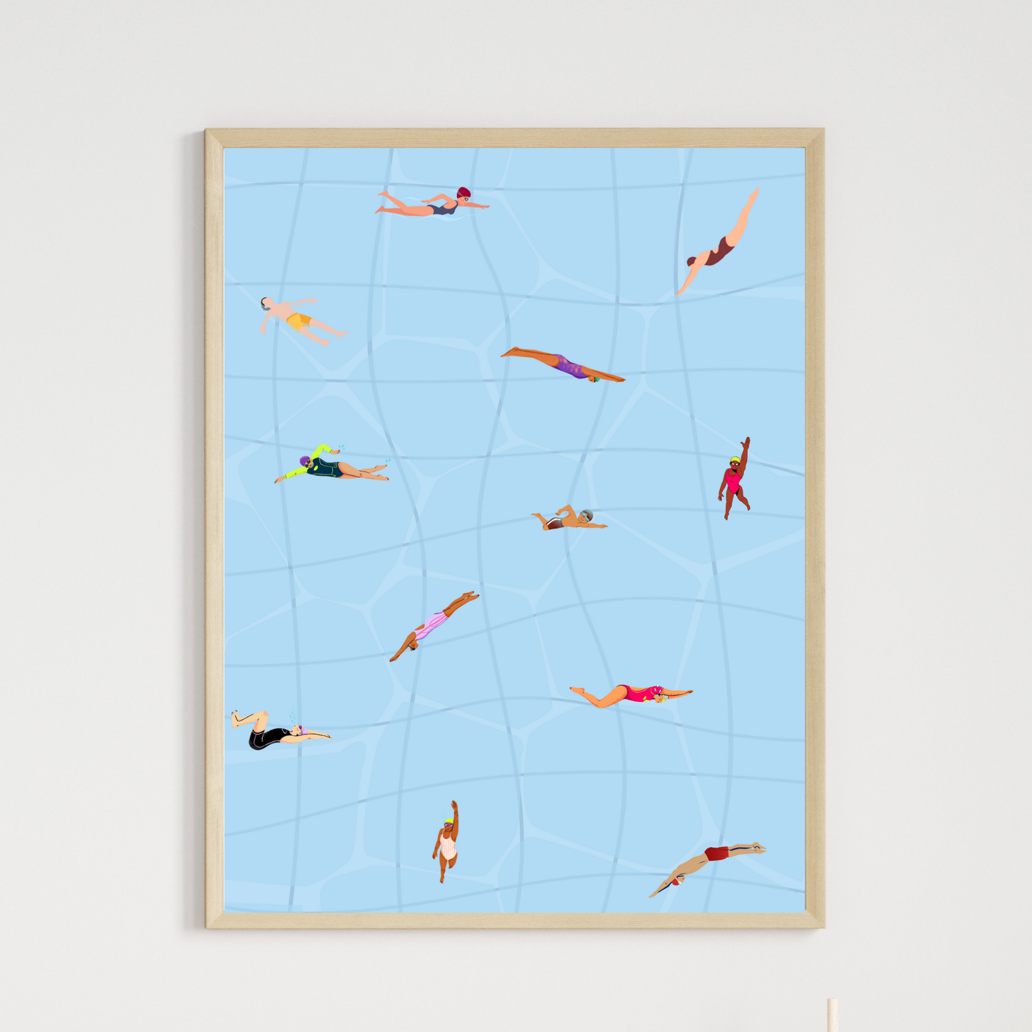 Tiny People at Pool Print, Minimalist Retro Swimming Summer Poster