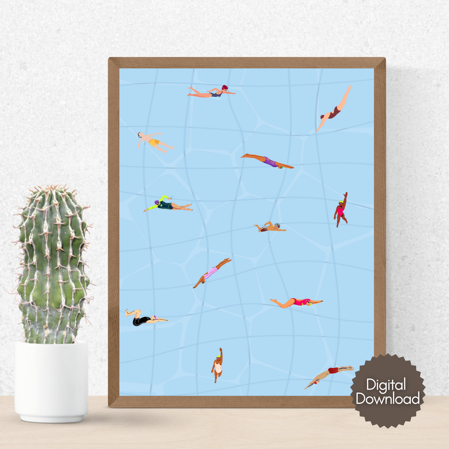 Tiny People at Pool Print, Minimalist Retro Swimming Summer Poster