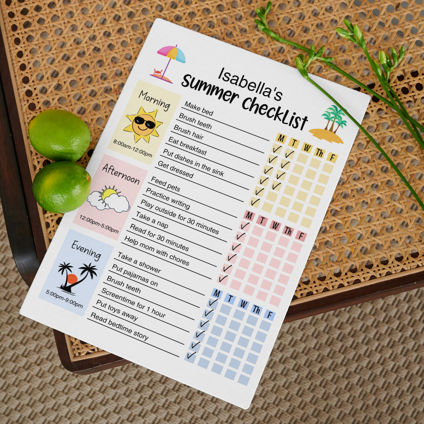 Kids Summer Daily Checklist Schedule Printable, Editable Chore Chart