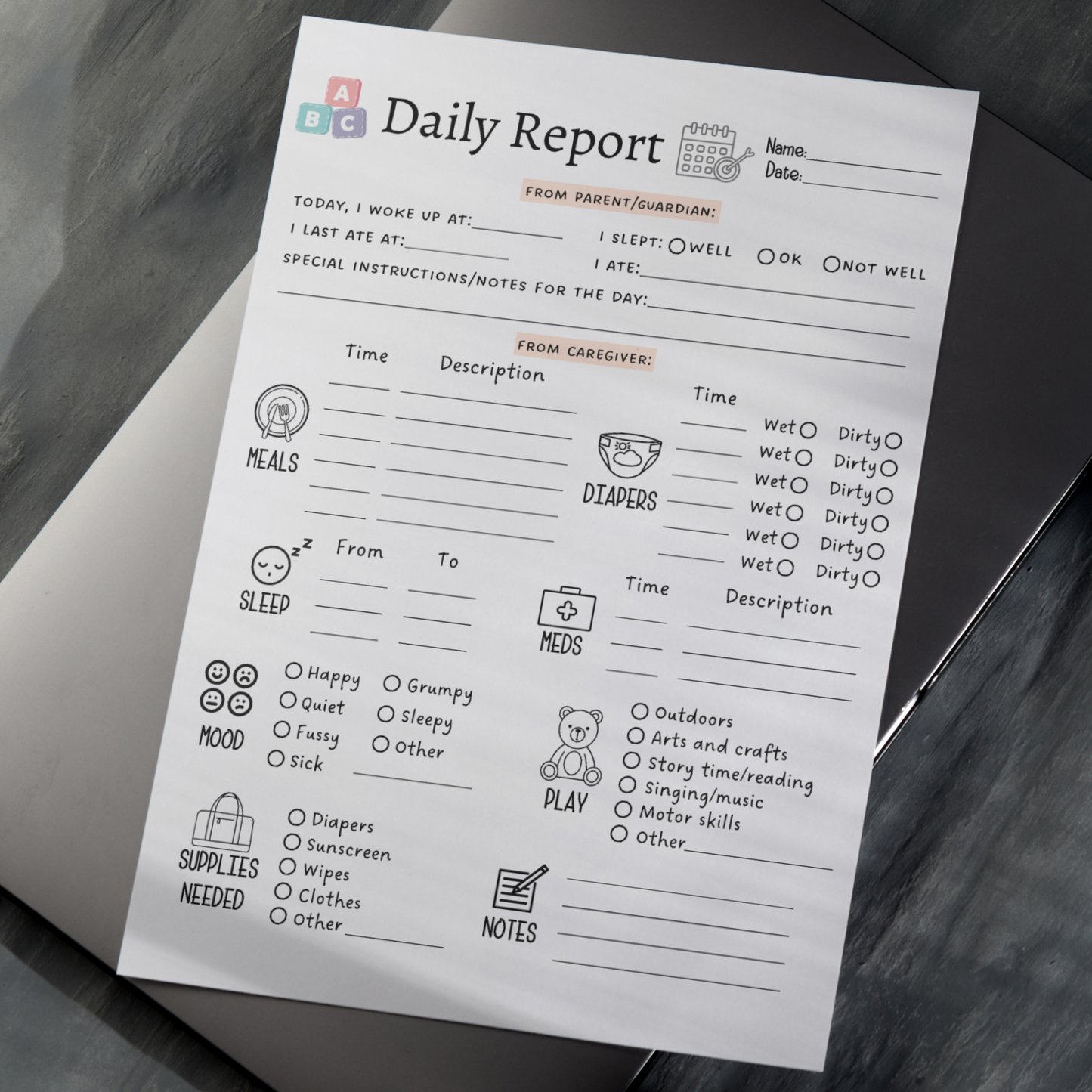 Daily Toddler Log Printable, Infant Baby Schedule for Preschool/ Babysitter