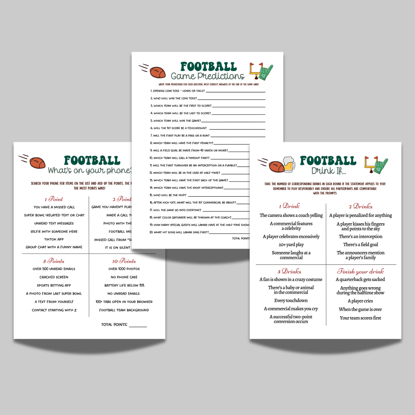 Football Party Games Printable, 2025 The Big Game Super Sunday Fun Activity for Kids & Adults