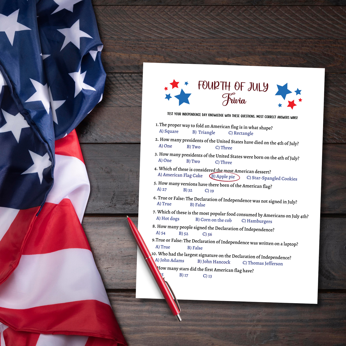 July 4th Trivia Game Printable, Family Activity Adults & Kids