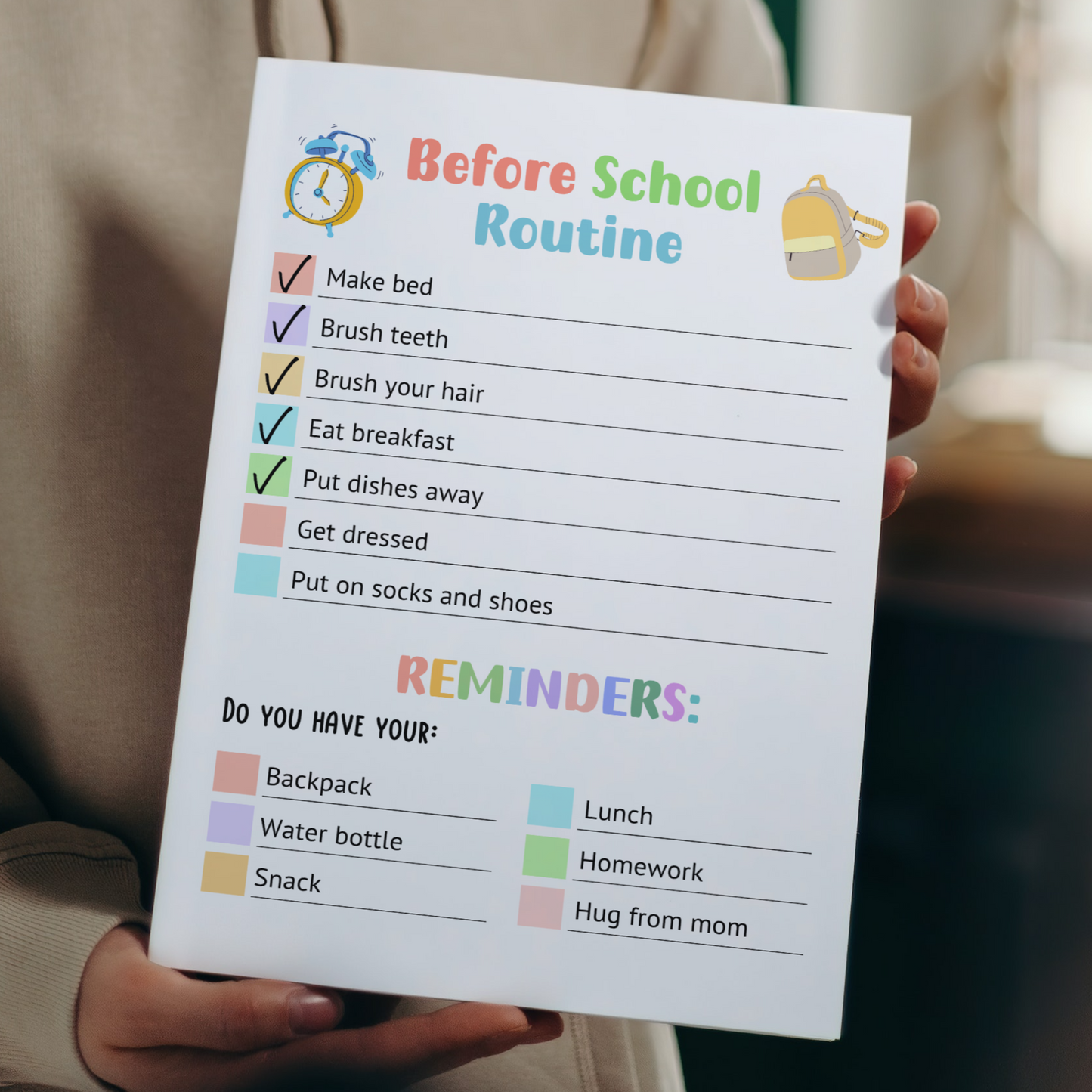 Printable Before School Checklist, Editable Morning Reminders for Kids