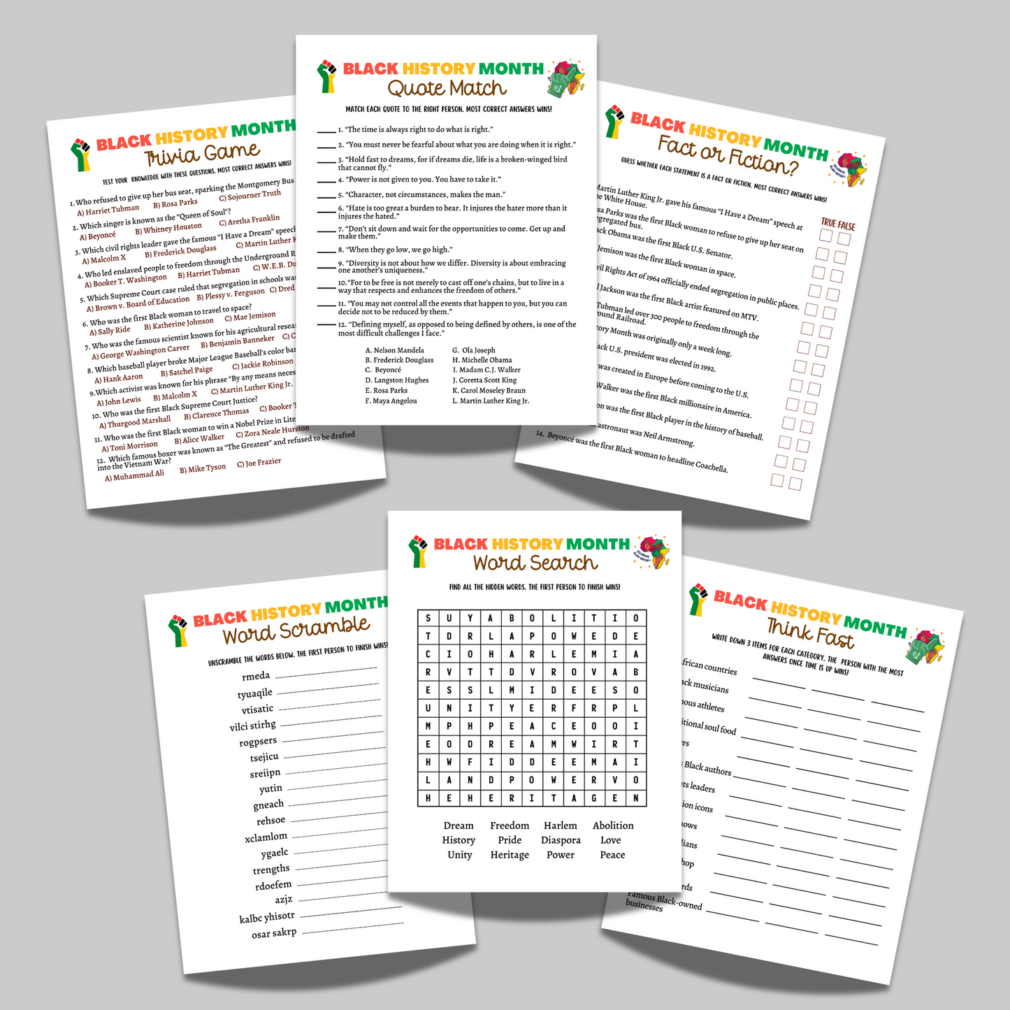 Black History Month Games Printable, African American Historical Celebration Trivia Quiz Party Activity