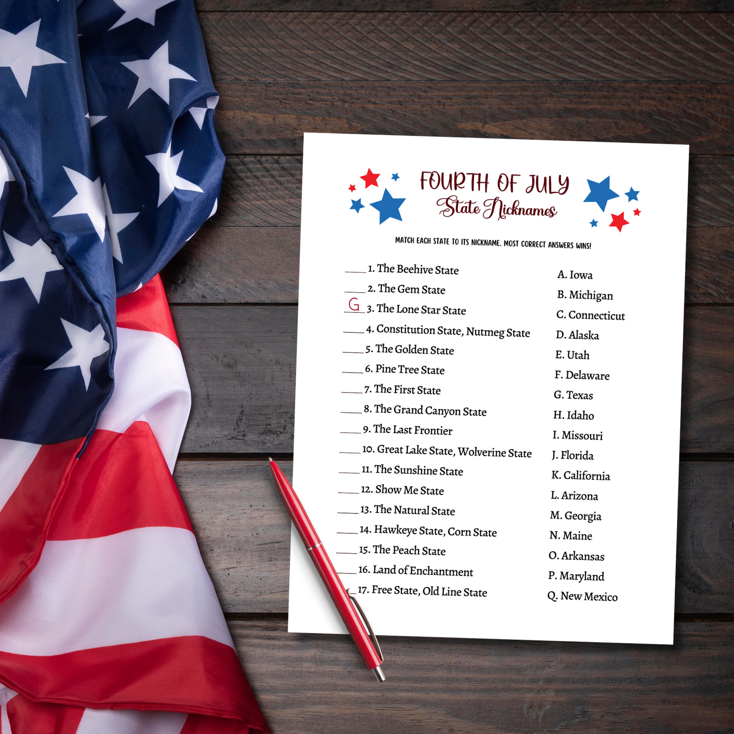 July 4th State Nicknames Game Printable, Family Trivia Activity Adults & Kids