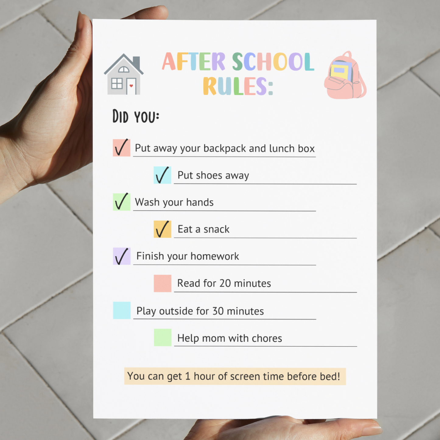 Editable After School Rules Checklist For Kids, Printable Routine Reminders