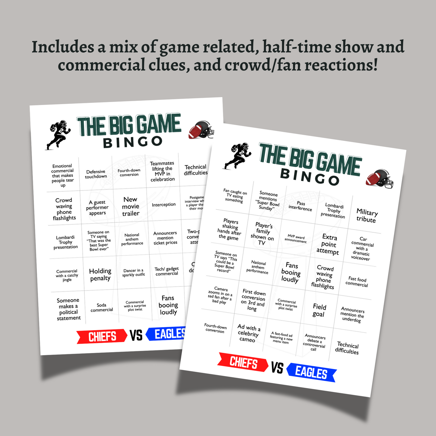 2025 Football Bingo Super Bowl Sunday Big Game Family Watch Party Tailgate Printable Activity LIX 59 Adults & Kids Kansas City Philadelphia