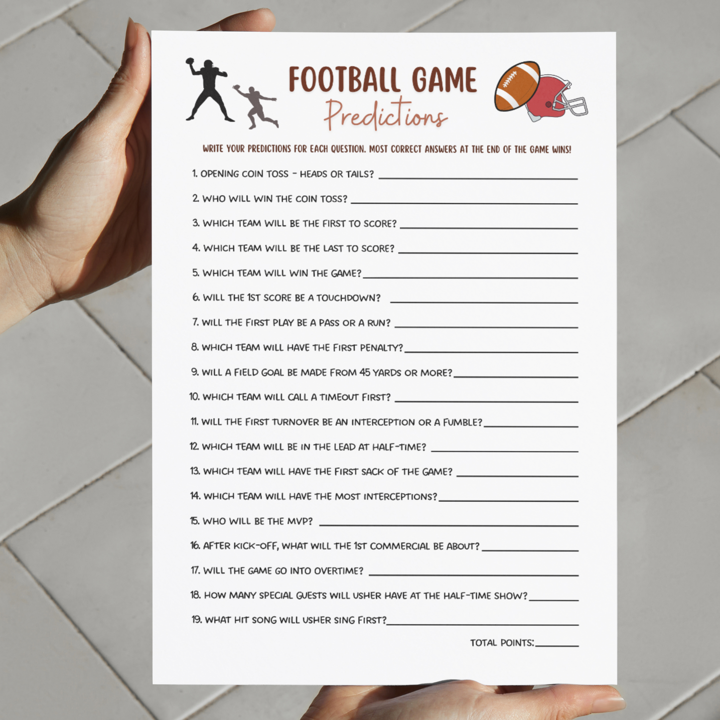 2024 Super Bowl Sunday Football Predictions Game Printable for Adults