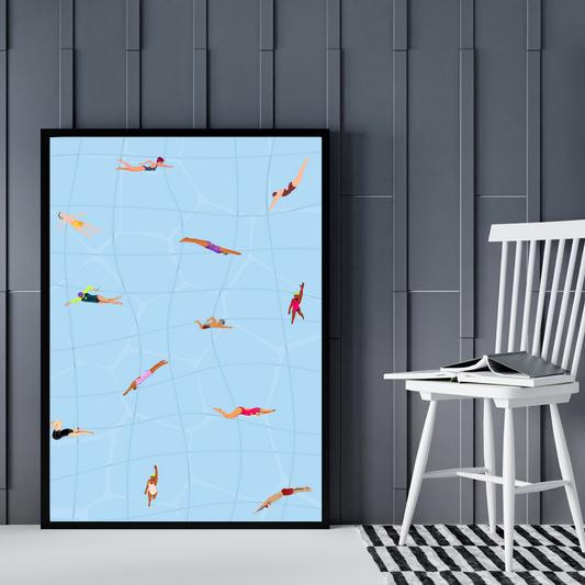 Tiny People at Pool Print, Minimalist Retro Swimming Summer Poster