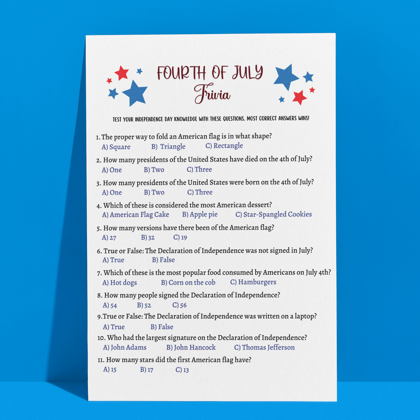 July 4th Trivia Game Printable, Family Activity Adults & Kids