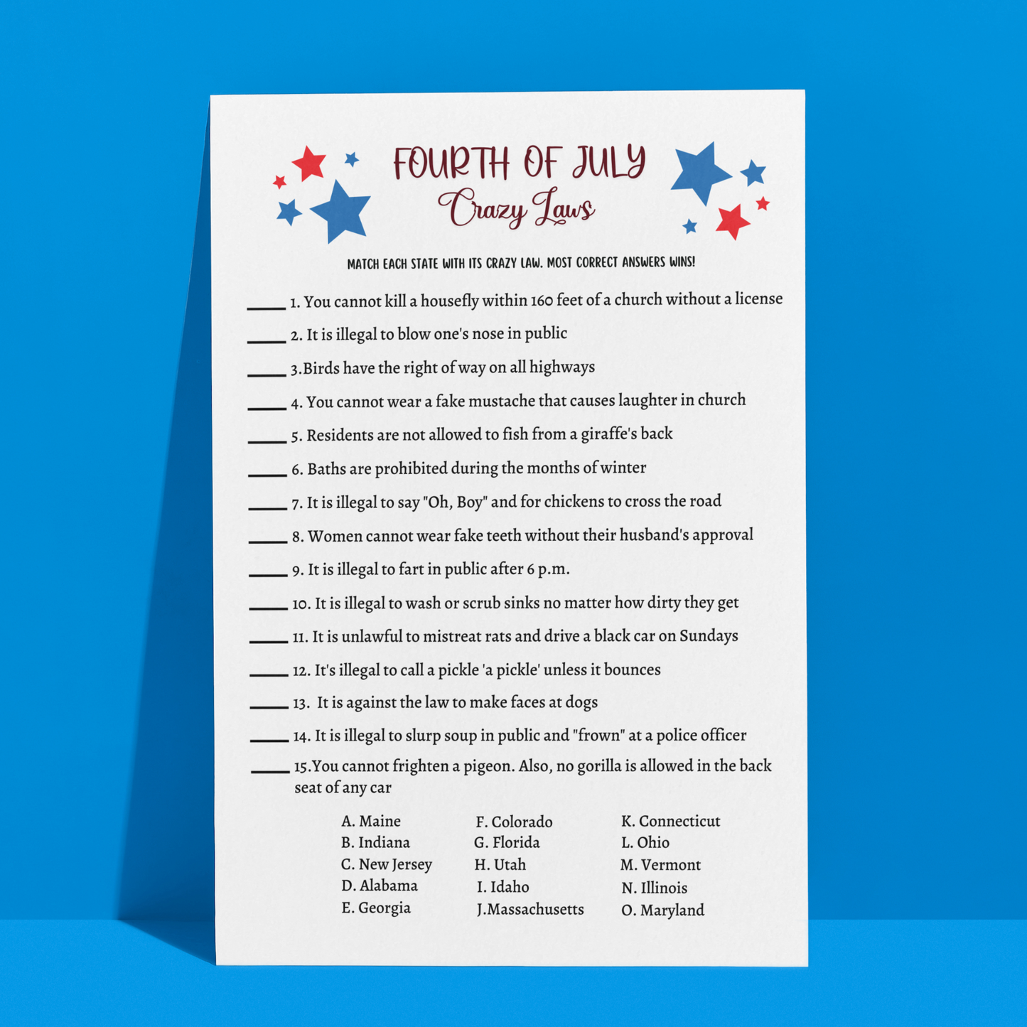 4th of July Crazy Laws Game Printable, Family Trivia Activity Adults & Kids