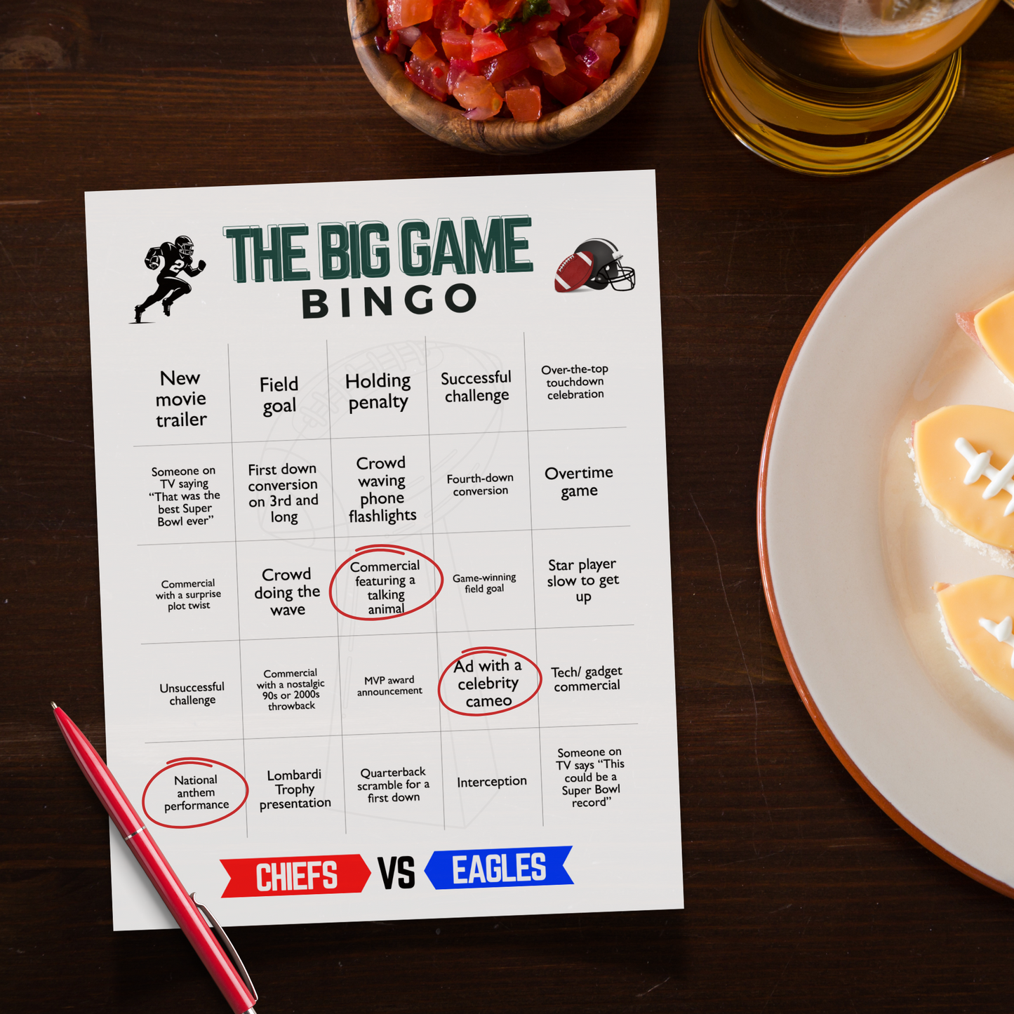 2025 Football Bingo Super Bowl Sunday Big Game Family Watch Party Tailgate Printable Activity LIX 59 Adults & Kids Kansas City Philadelphia