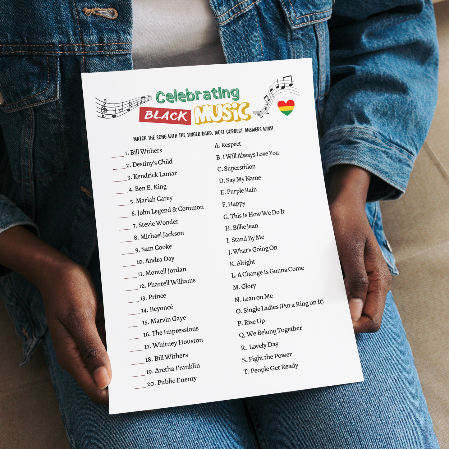 Black History Month Music Trivia Game Printable Historical African American Celebration Party Fun Activity for Adults Kids Seniors Classroom