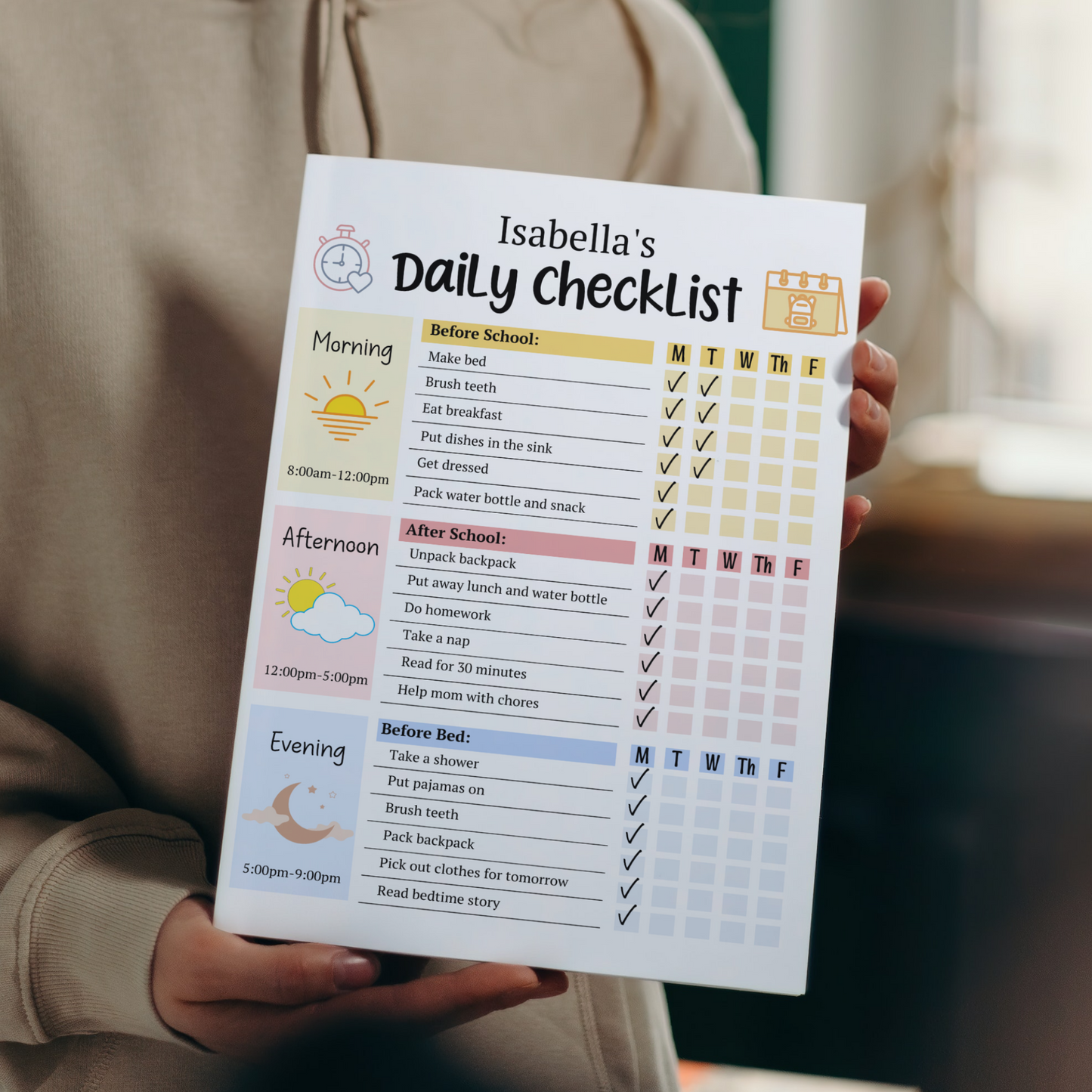 Kids Daily School Checklist Schedule Printable, Editable Chore Chart