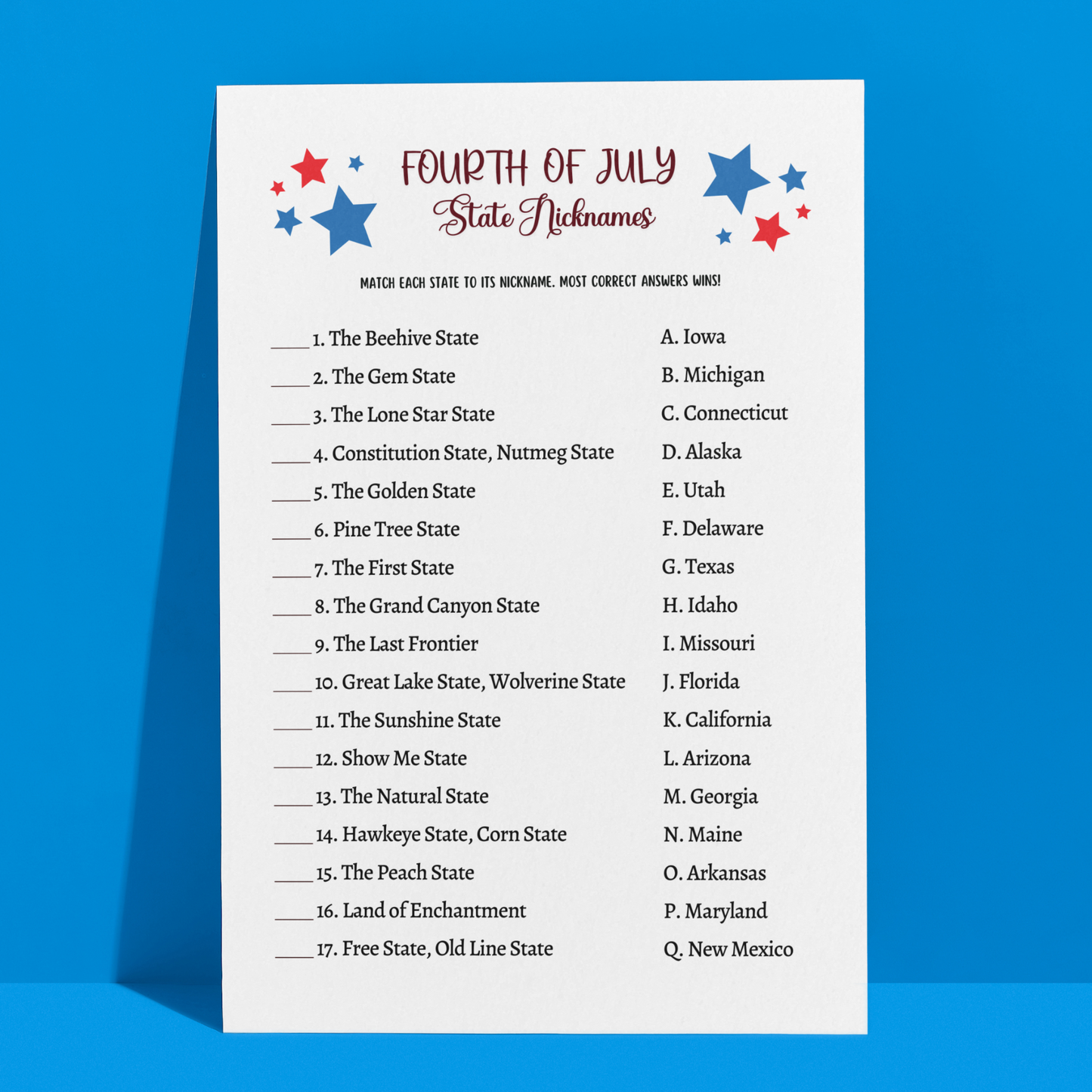 July 4th State Nicknames Game Printable, Family Trivia Activity Adults & Kids