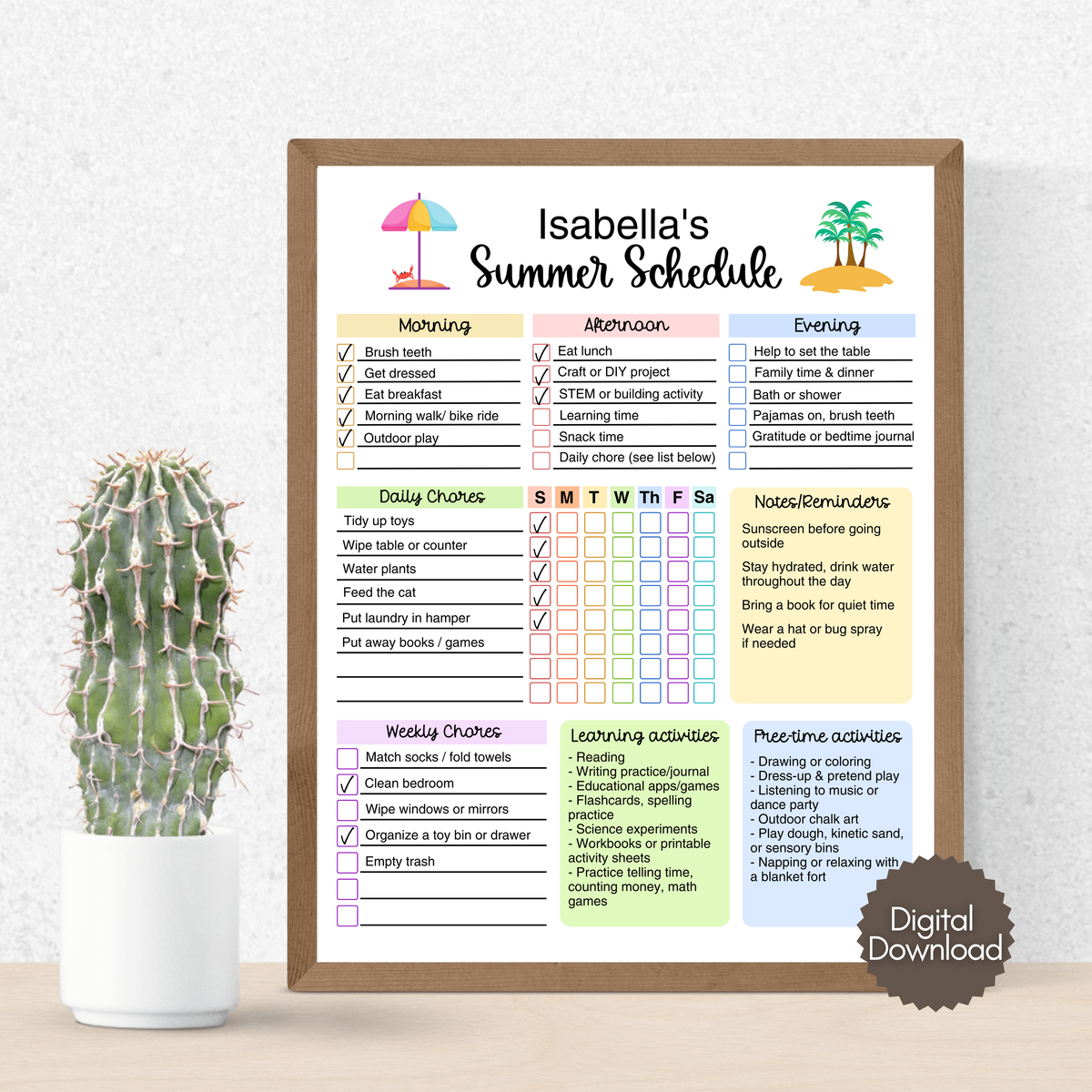 Summer Chart.pdf Summer Schedule Routine Chart for Kids Printable Editable Planner ...