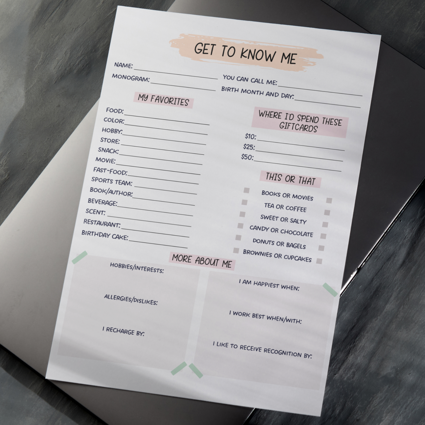 Editable Coworker Questions, Printable All About Me Employee Questionnaire