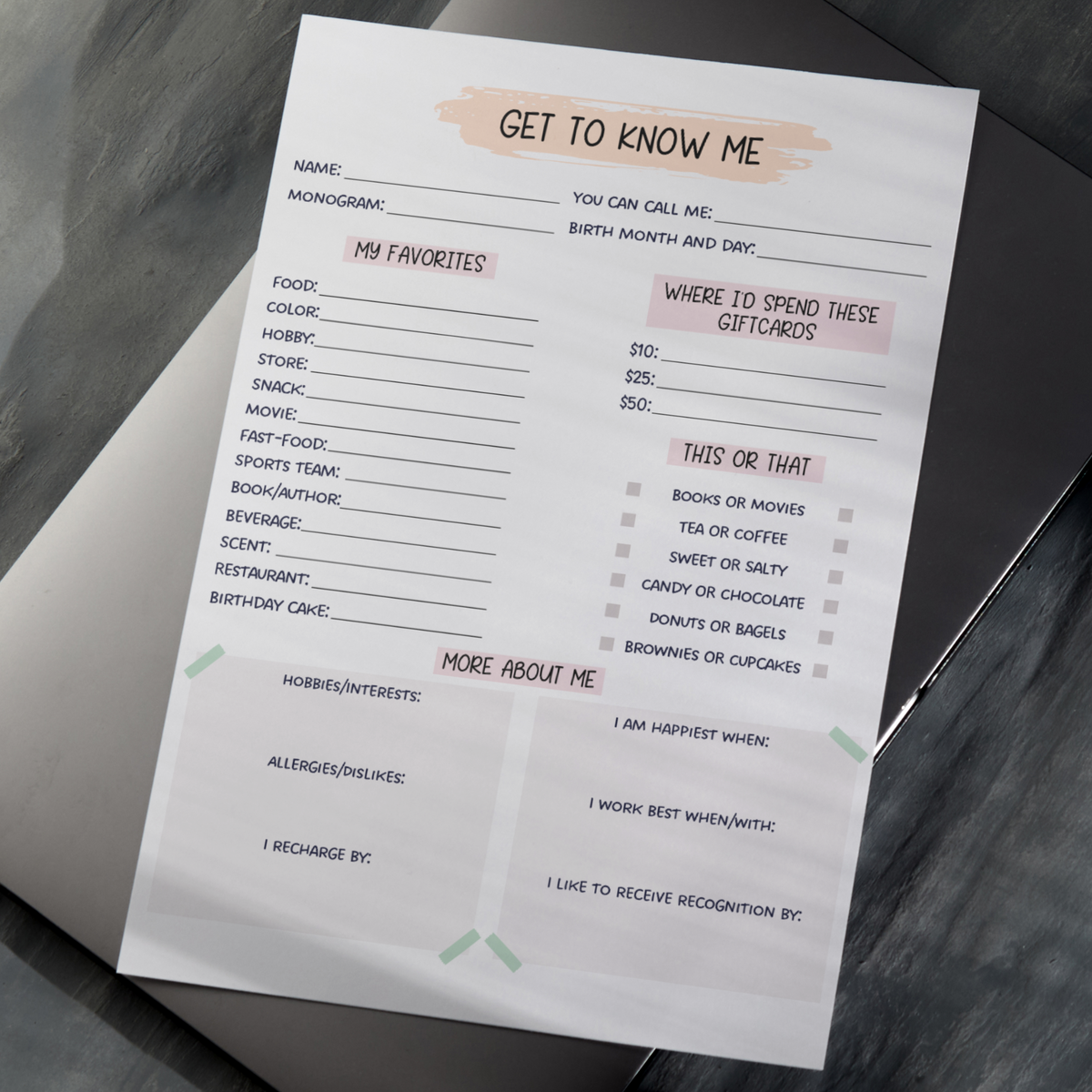 Editable Coworker Questions, Printable All About Me Employee Questionn ...