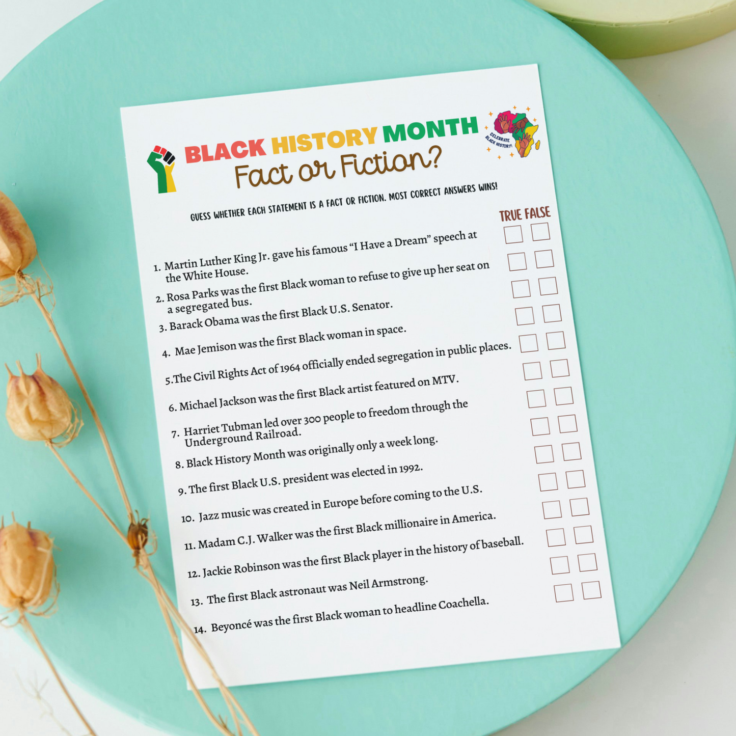 Black History Month Games Printable, African American Historical Celebration Trivia Quiz Party Activity