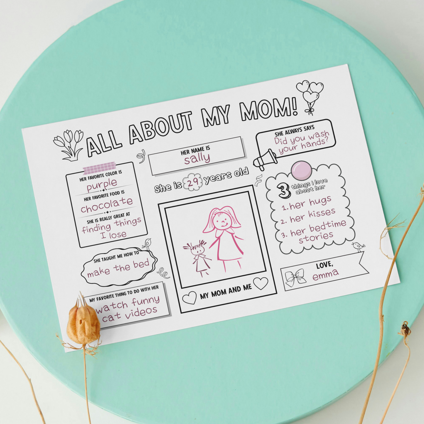 All About My Mom Survey Printable, Mothers Day Card Questionnaire Gift Ideas Personalized Keepsake