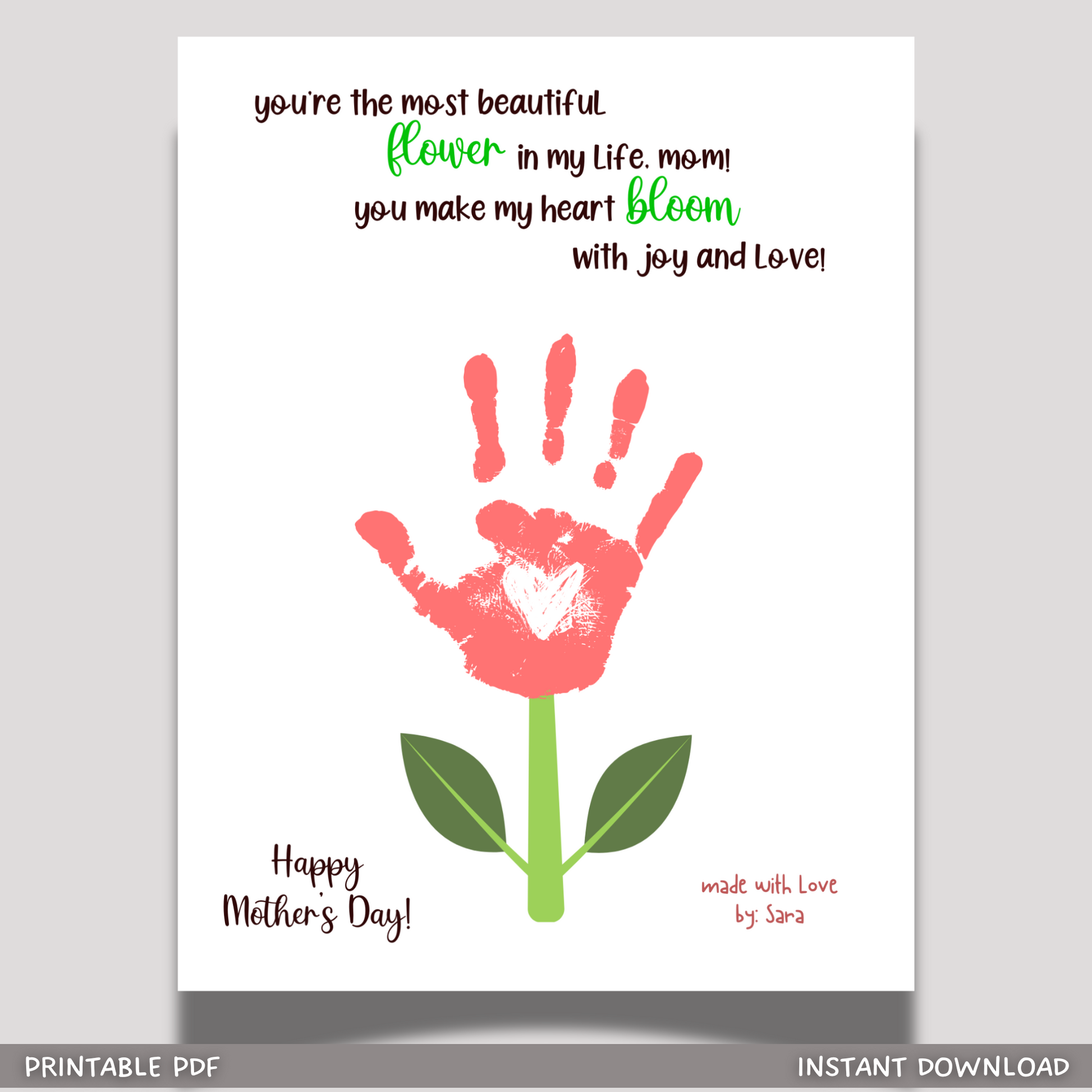 Mothers Day Handprint Flower Craft for Kids Printable, Art