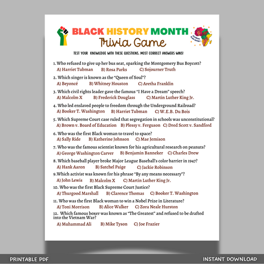 Black History Month Trivia Game Printable, Historical African American Celebration Party Activity Adults Kids Seniors