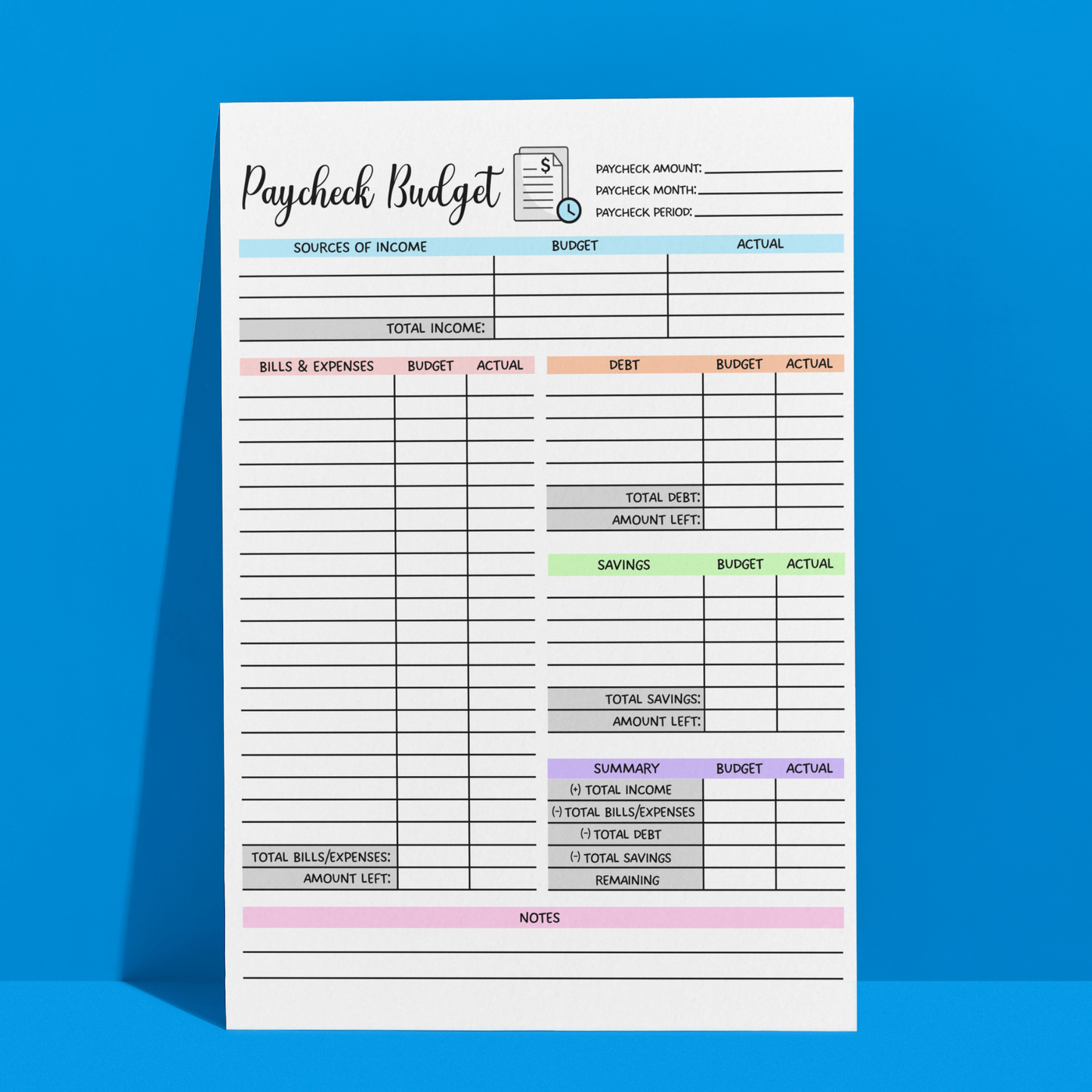 Paycheck Budget Overview Planner Printable, Minimalist Biweekly Budget Tracker Template