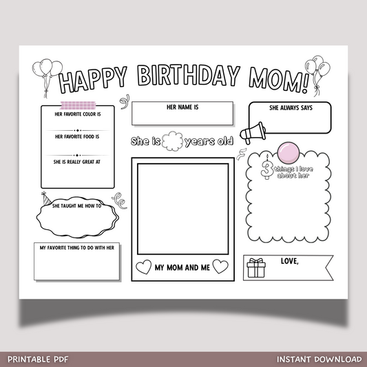 Happy Birthday Mom Coloring Page Printable DIY Gift from Kids All About Mommy Card